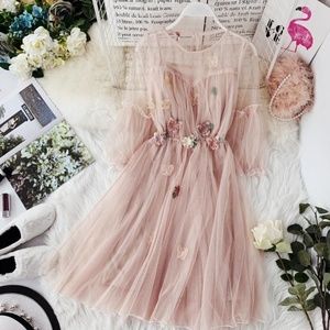 Elbow-Sleeve Flower-Accent A-Line Pink Mesh Dress